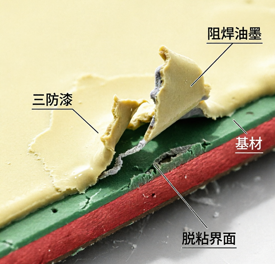 image_637369596992291.png 三防漆与阻焊油墨界面脱粘起皮原因及解决方案