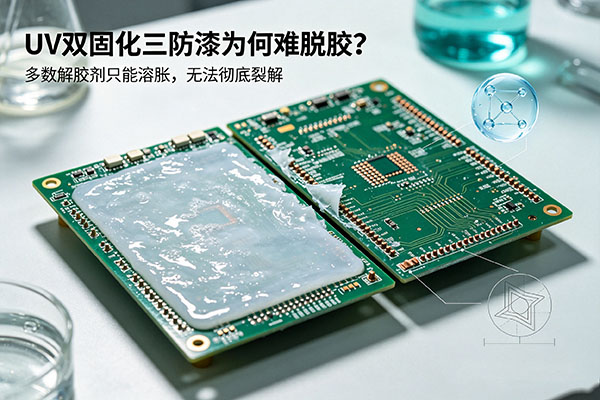 UV 双固化三防漆难脱胶?关键在交联密度与裂解能力 UV 双固化三防漆难脱胶?关键在交联密度与裂解能力