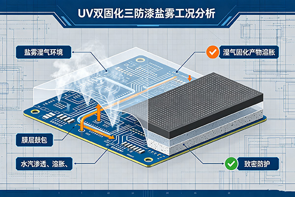 UV 双固化三防漆盐雾工况下湿气固化产物溶胀与 UV 表层膜层鼓包分析 UV 双固化三防漆盐雾工况下湿气固化产物溶胀与 UV 表层膜层鼓包分析