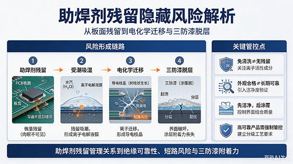 助焊剂残留隐藏风险解析|PCBA 潮湿失效与三防漆脱落根源 助焊剂残留隐藏风险解析|PCBA 潮湿失效与三防漆脱落根源